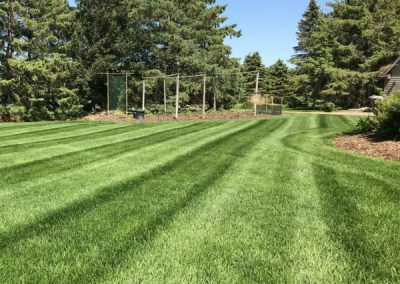 The back yard of a residential property with visible stripes in the turf.